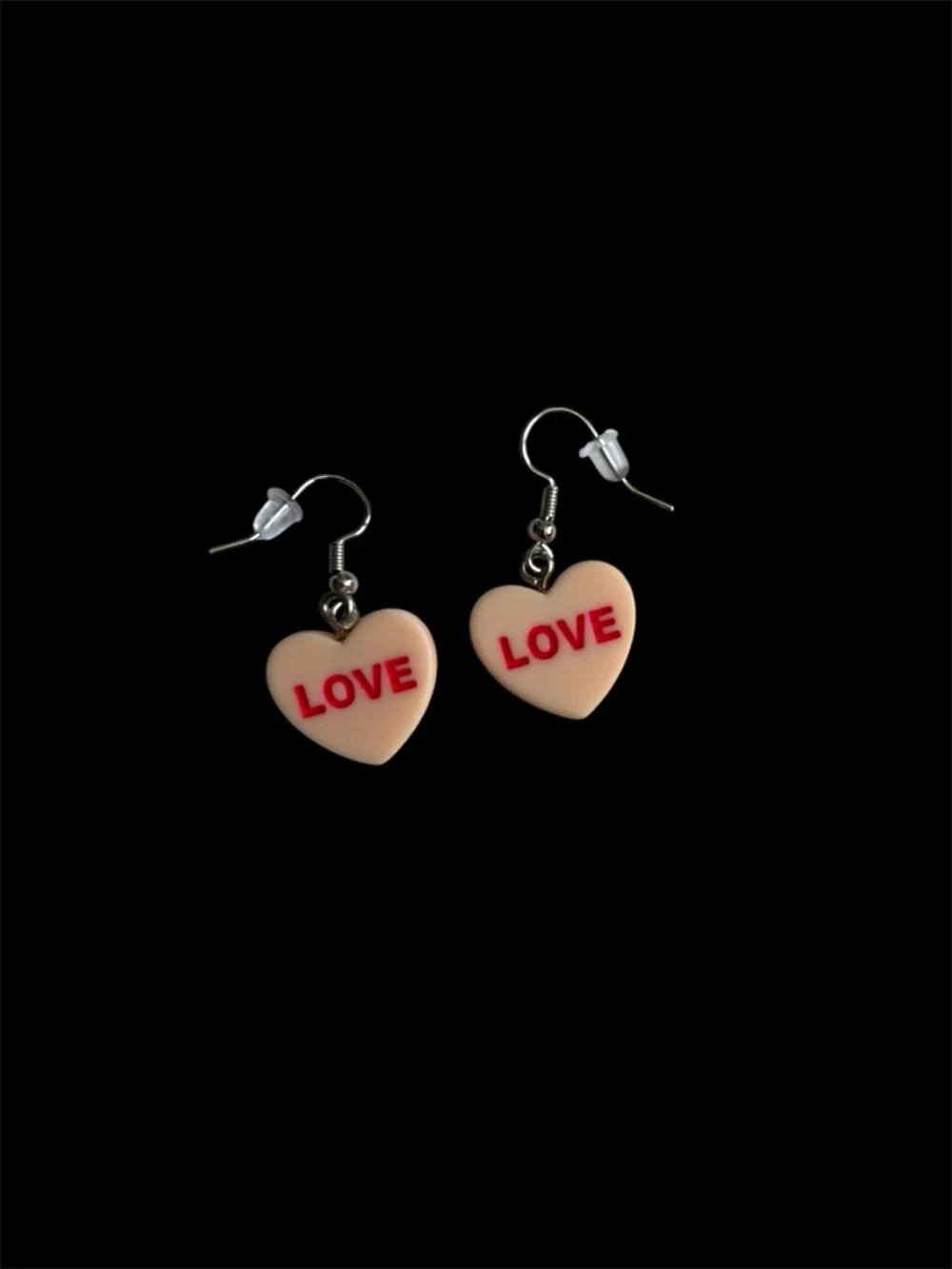 Conversation Hearts Love Dangle Drop Earrings in Peach with Pink Lettering